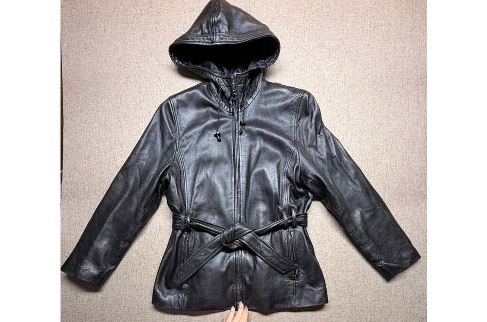 Colebrook & Co Black Genuine Leather Hooded Belted Jacket Large Y2K Goth